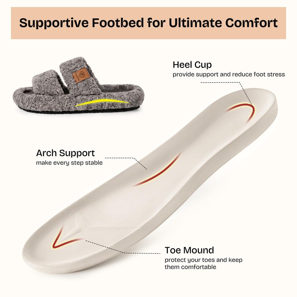 EverFoams Womens Fuzzy Open-toe Slippers Soft Comfy Memory Foam Indoor House Shoes Cool Gray,7-8 US