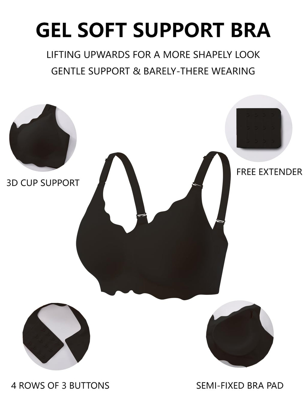 COCOMARTS Jelly Bras for Women No Underwire Scalloped Push Up Wireless Bralettes Seamless Soft Comfort Everyday Tshirt Bra Black Large