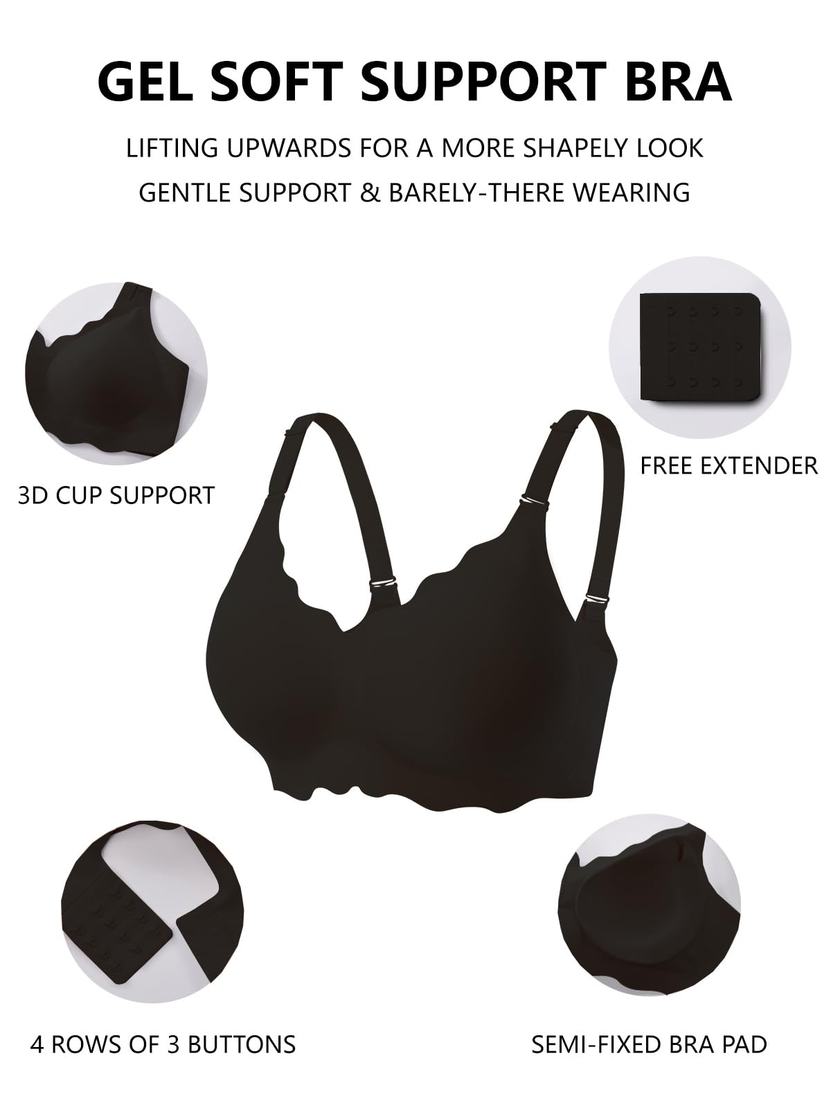COCOMARTS Jelly Bras for Women No Underwire Scalloped Push Up Wireless Bralettes Seamless Soft Comfort Everyday Tshirt Bra Black Large