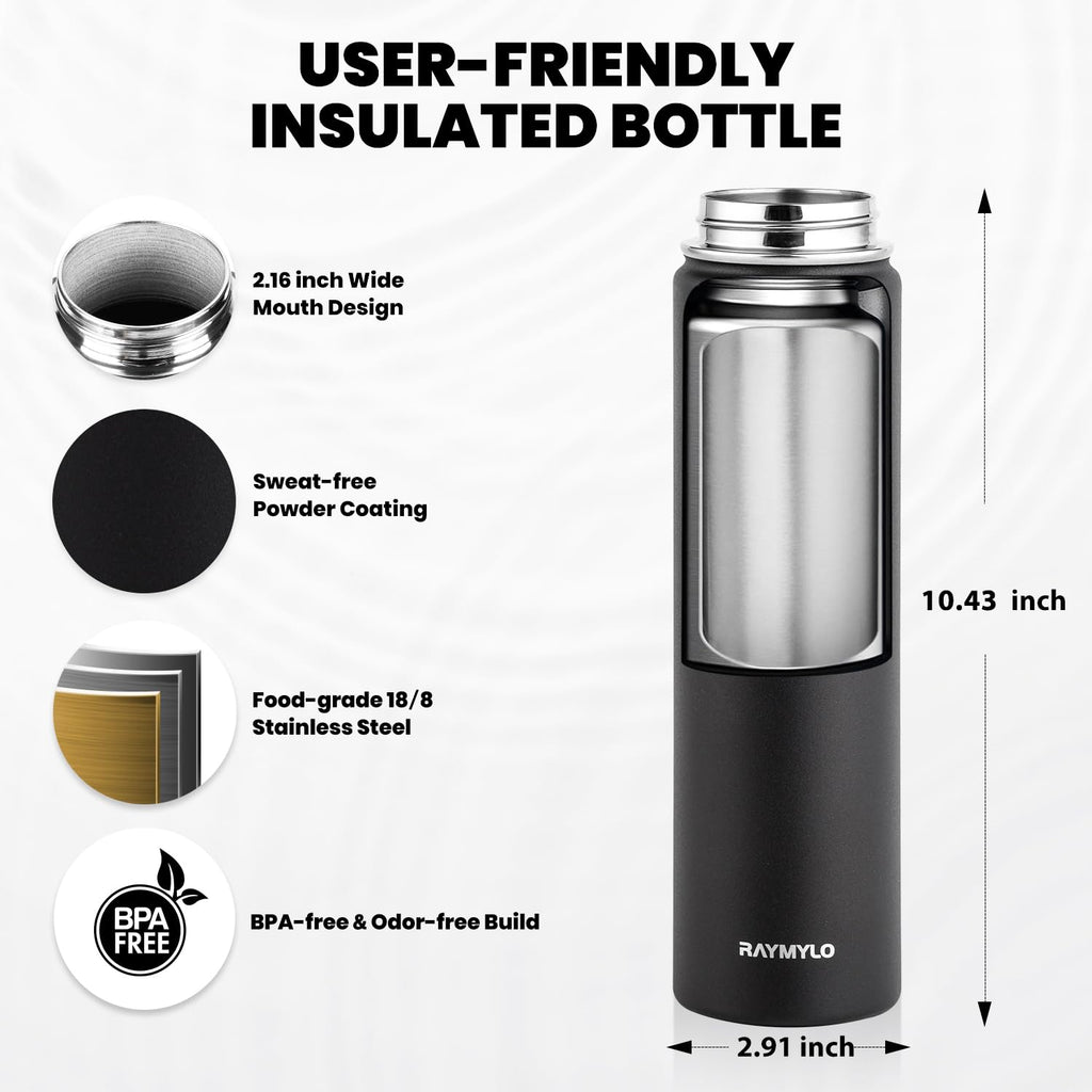 RAYMYLO Insulated Water Bottle 24oz, Triple Wall Vacuum Stainless Steel (Cold for 24Hrs, Hot for 12Hrs), Leak Proof & Non-BPA, 24oz Hydro Water Flask with Paracord Handle & Straw Spout Lids