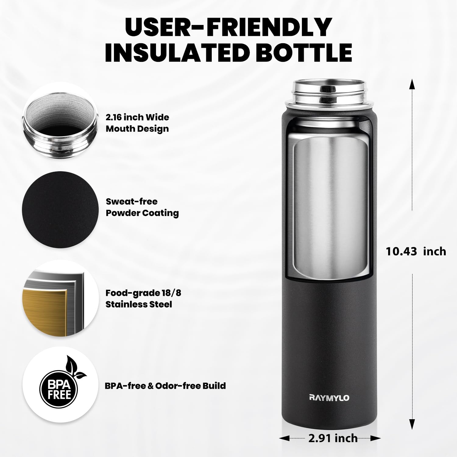 RAYMYLO Insulated Water Bottle 24oz, Triple Wall Vacuum Stainless Steel (Cold for 24Hrs, Hot for 12Hrs), Leak Proof & Non-BPA, 24oz Hydro Water Flask with Paracord Handle & Straw Spout Lids