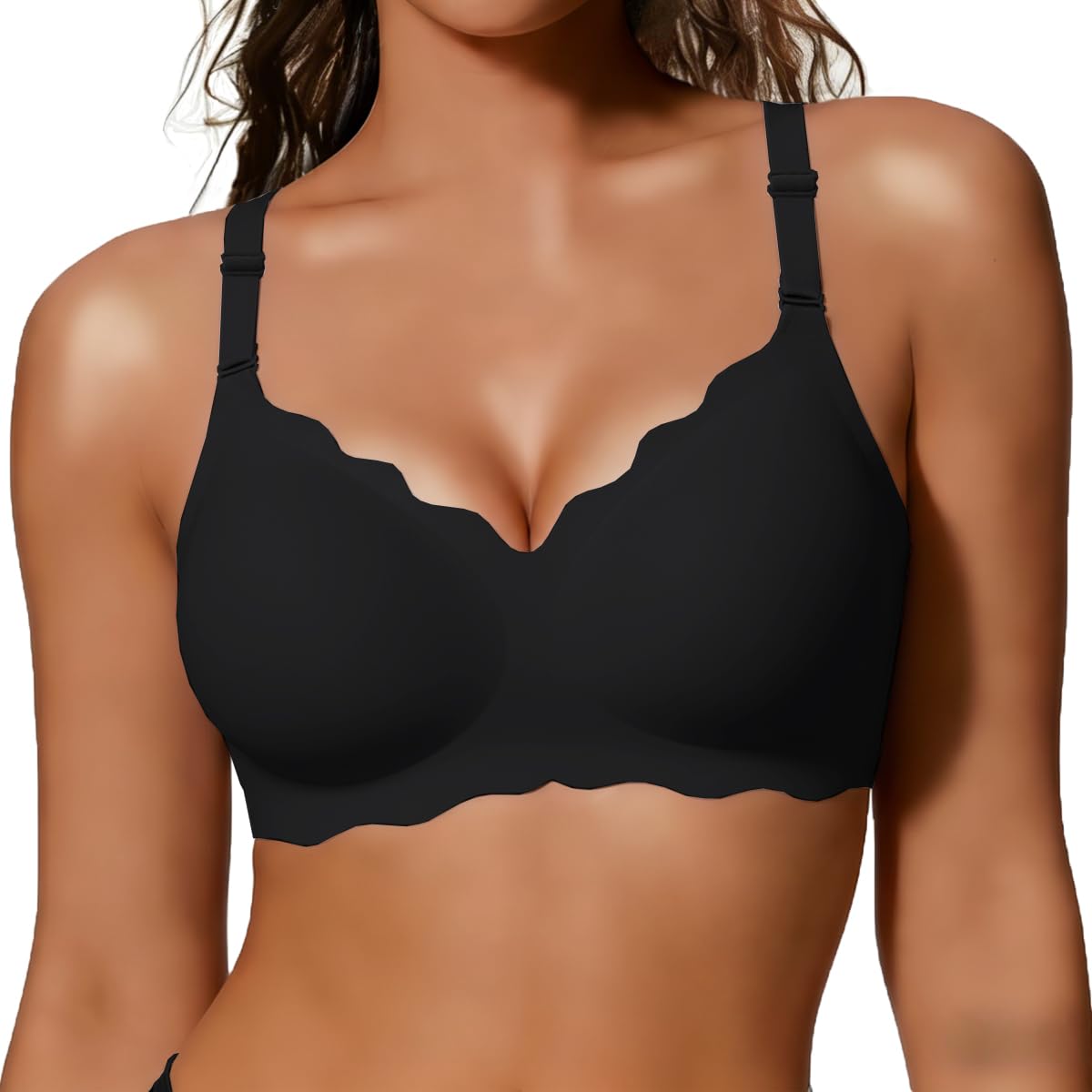 COCOMARTS Jelly Bras for Women No Underwire Scalloped Push Up Wireless Bralettes Seamless Soft Comfort Everyday Tshirt Bra Black Large