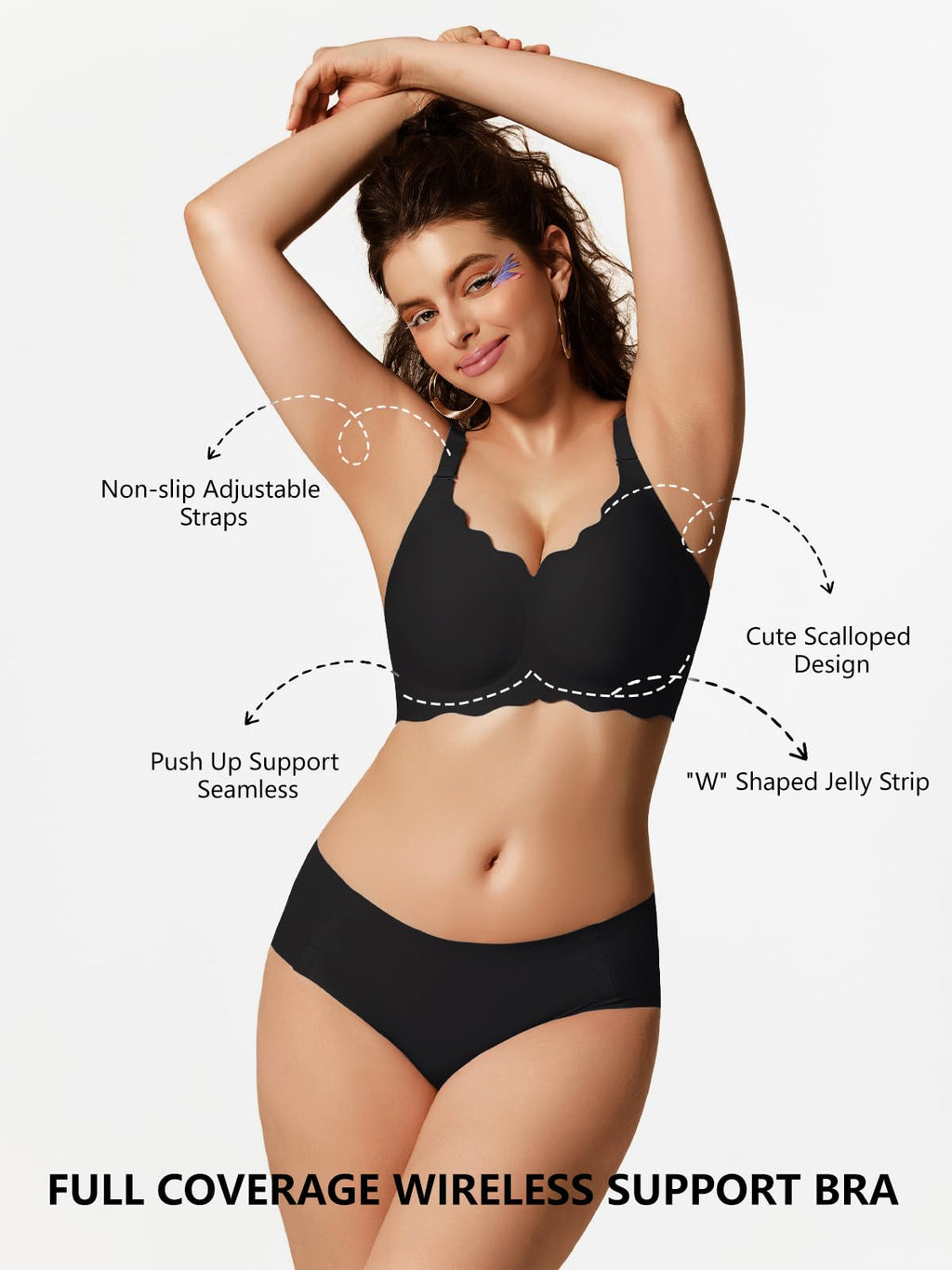 COCOMARTS Jelly Bras for Women No Underwire Scalloped Push Up Wireless Bralettes Seamless Soft Comfort Everyday Tshirt Bra Black Large