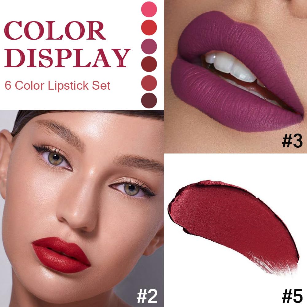 evpct 6Pcs Pink Dark Ruby Wine Red Plum Purple Matte Lipstick Sets for Women Velvet Lipstick Long Lasting Waterproof 24 Hours Lip Stick Stain Makeup Gift Set labiales mate 24 horas originales B