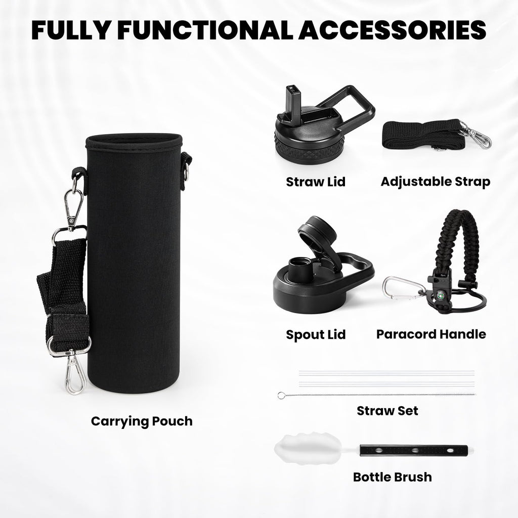 RAYMYLO Insulated Water Bottle 24oz, Triple Wall Vacuum Stainless Steel (Cold for 24Hrs, Hot for 12Hrs), Leak Proof & Non-BPA, 24oz Hydro Water Flask with Paracord Handle & Straw Spout Lids