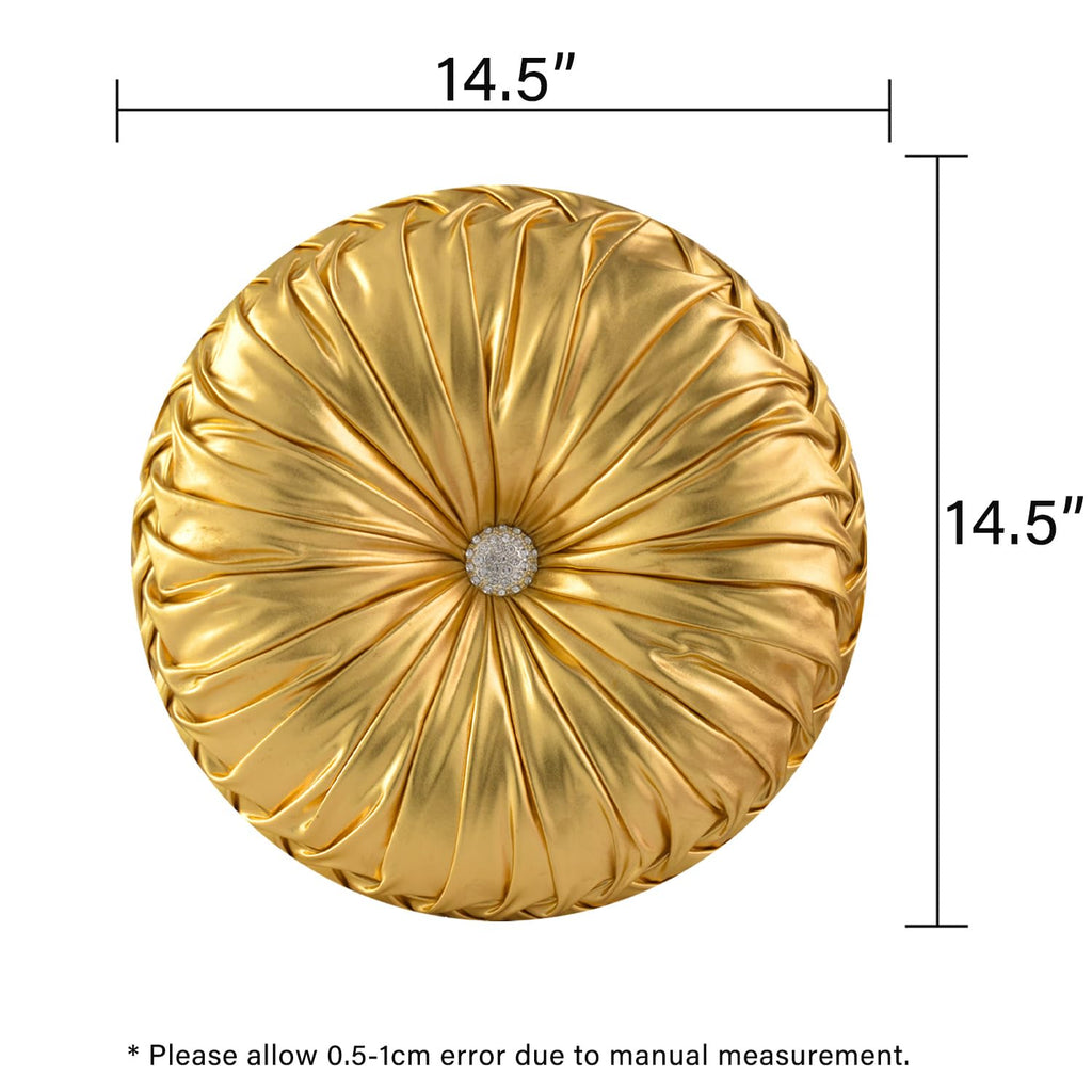 HIG Set of 2 Handcrafted Gold Ruched Round Throw Pillows – 14.5’’ Metallic Leather Decorative Pillows with Soft Polyester Filling for Couch, Bed, Living Room, Bedroom, or Dorm