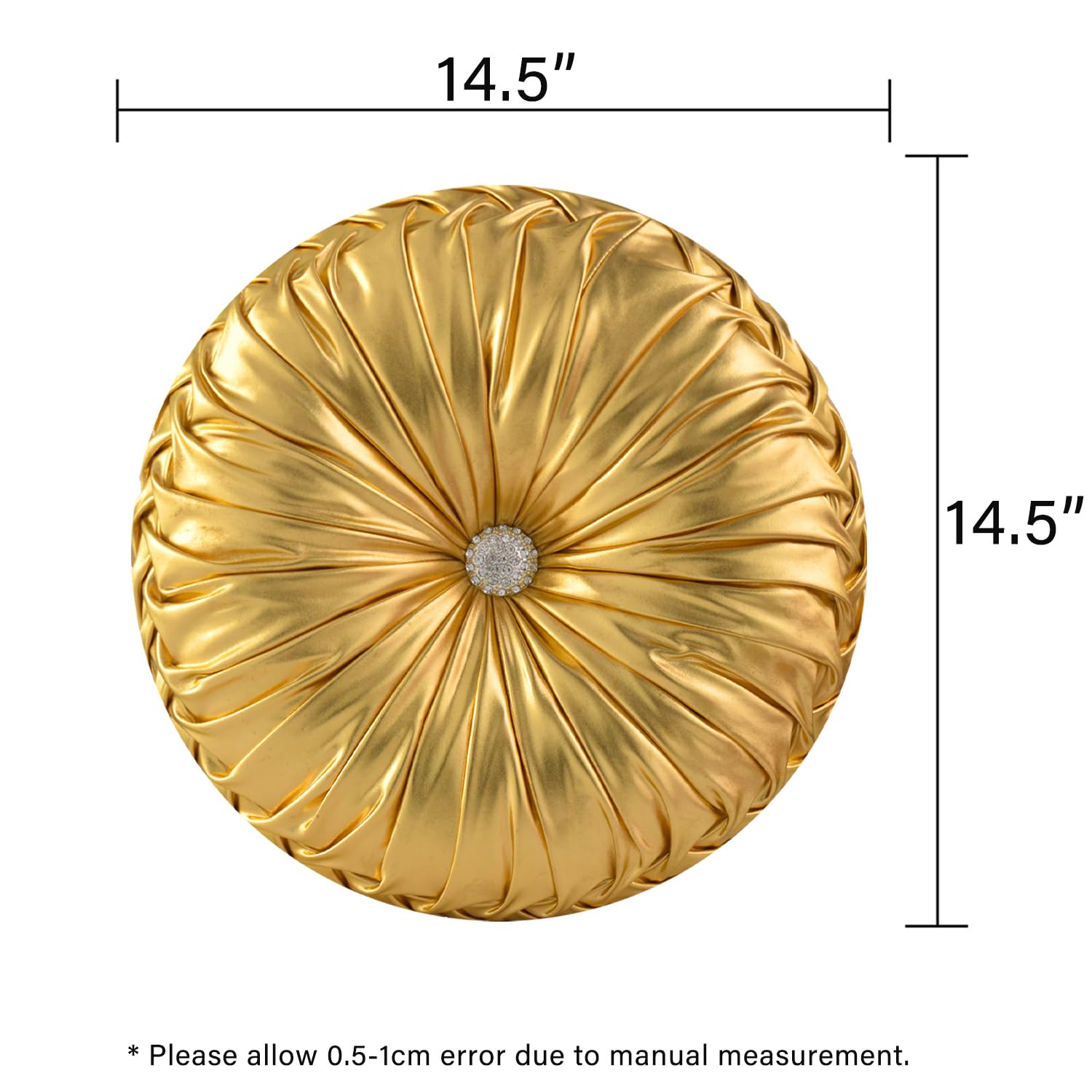 HIG Set of 2 Handcrafted Gold Ruched Round Throw Pillows – 14.5’’ Metallic Leather Decorative Pillows with Soft Polyester Filling for Couch, Bed, Living Room, Bedroom, or Dorm