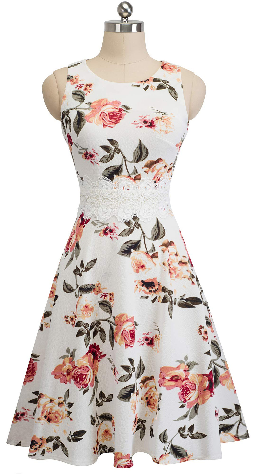 HOMEYEE Women's Sleeveless Cocktail A-Line Embroidery Casual Party Summer Wedding Guest Dress A079(10,Off-White+Floral)