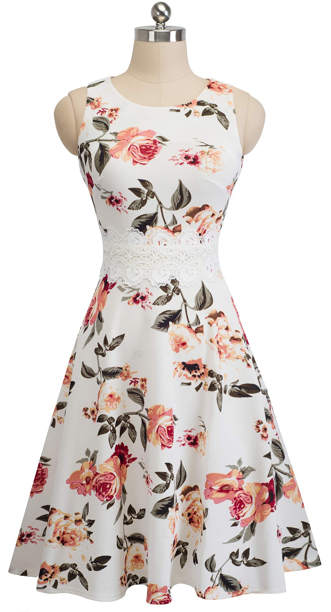 HOMEYEE Women's Sleeveless Cocktail A-Line Embroidery Casual Party Summer Wedding Guest Dress A079(10,Off-White+Floral)
