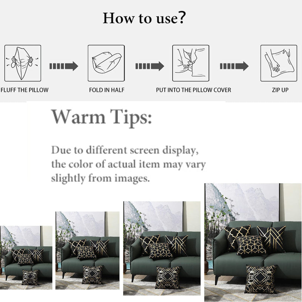 ZLINA Home Decorative Set of 4 Throw Pillow Covers Gold Foil Pillow Covers 18 ×18 Inch Geometric Square Cushion Covers Decor Couch Sofa Bedroom(Black and Gold)