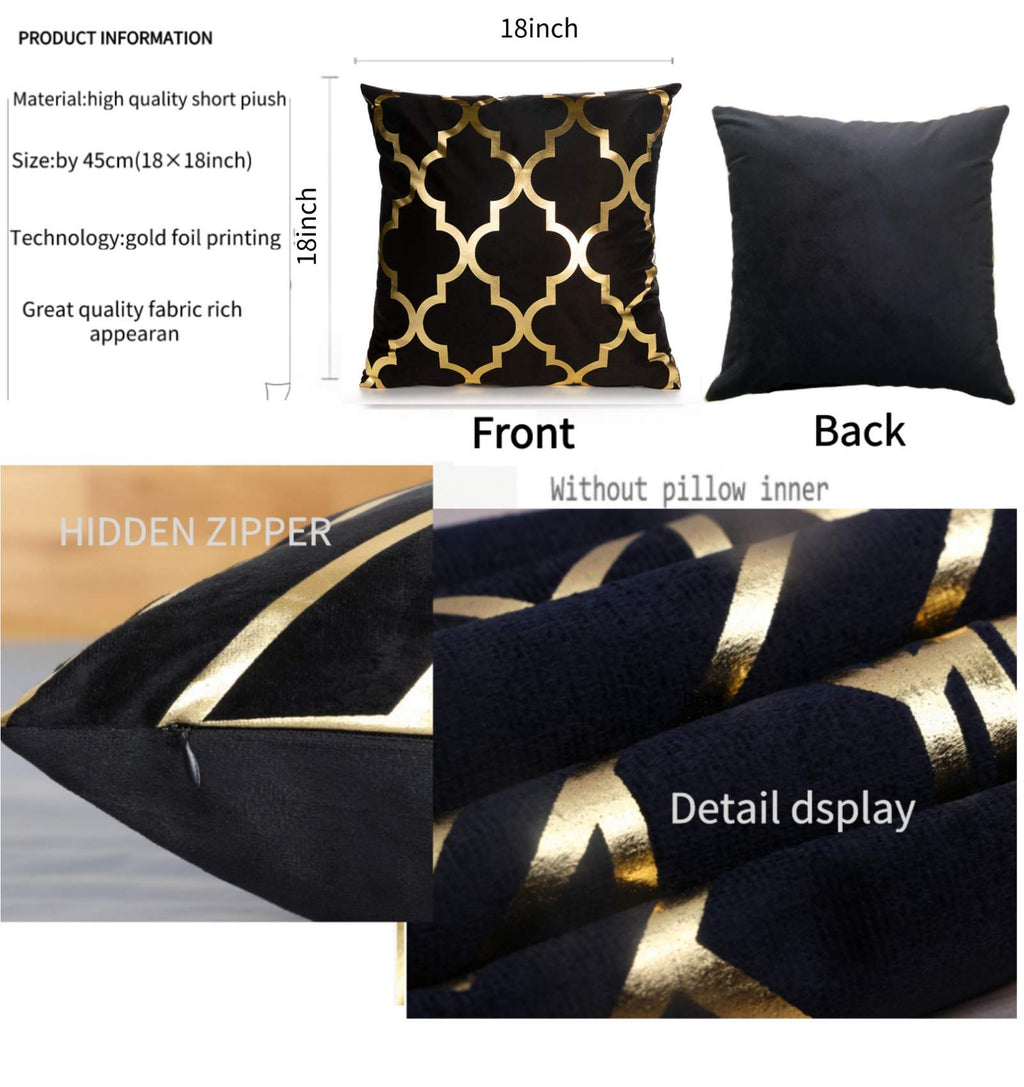 ZLINA Home Decorative Set of 4 Throw Pillow Covers Gold Foil Pillow Covers 18 ×18 Inch Geometric Square Cushion Covers Decor Couch Sofa Bedroom(Black and Gold)