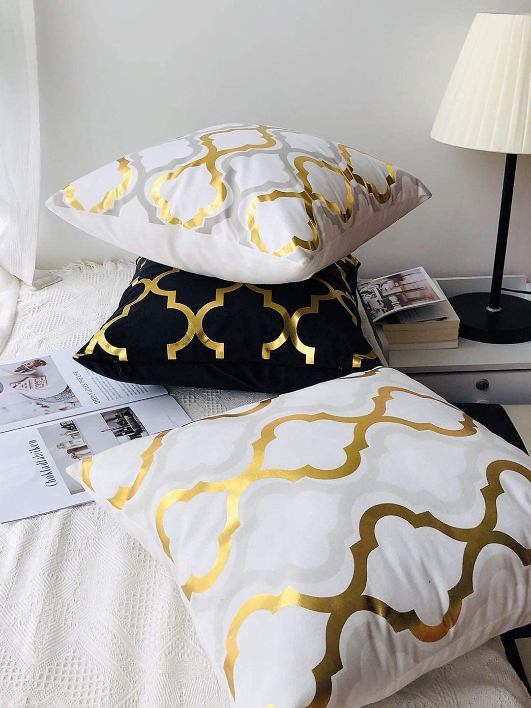 ZLINA Home Decorative Set of 4 Throw Pillow Covers Gold Foil Pillow Covers 18 ×18 Inch Geometric Square Cushion Covers Decor Couch Sofa Bedroom(Black and Gold)
