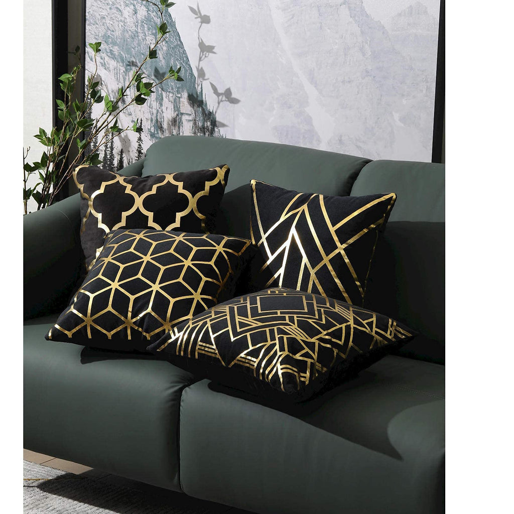 ZLINA Home Decorative Set of 4 Throw Pillow Covers Gold Foil Pillow Covers 18 ×18 Inch Geometric Square Cushion Covers Decor Couch Sofa Bedroom(Black and Gold)