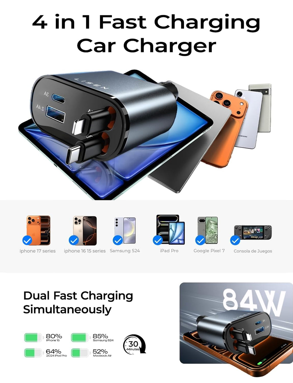LISEN Retractable Car Charger, Gifts for Mothers Day, Upgrade 84W Car Charger USB C Fast Charge Unique 2026 Car Accessories for Mom Dad Him Her Men Women, for iPhone 17 16 15 14