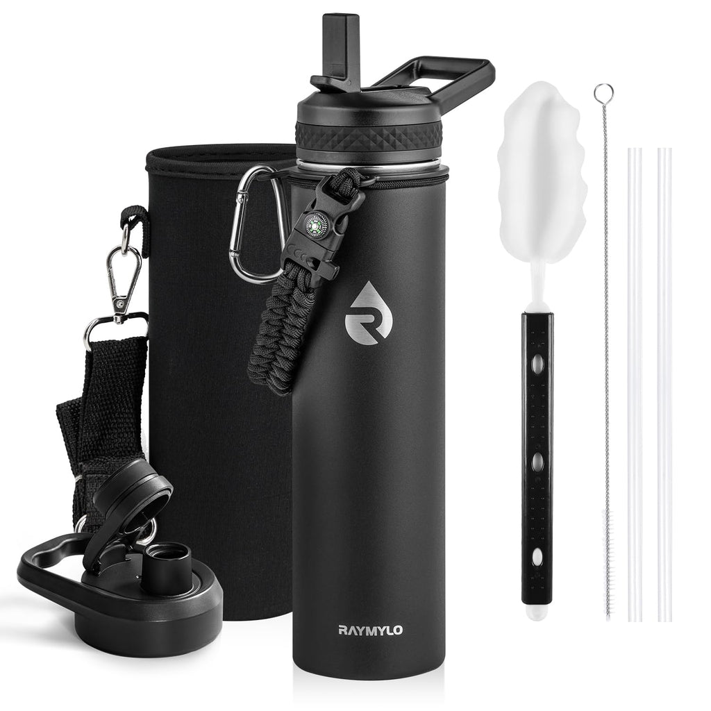 RAYMYLO Insulated Water Bottle 24oz, Triple Wall Vacuum Stainless Steel (Cold for 24Hrs, Hot for 12Hrs), Leak Proof & Non-BPA, 24oz Hydro Water Flask with Paracord Handle & Straw Spout Lids