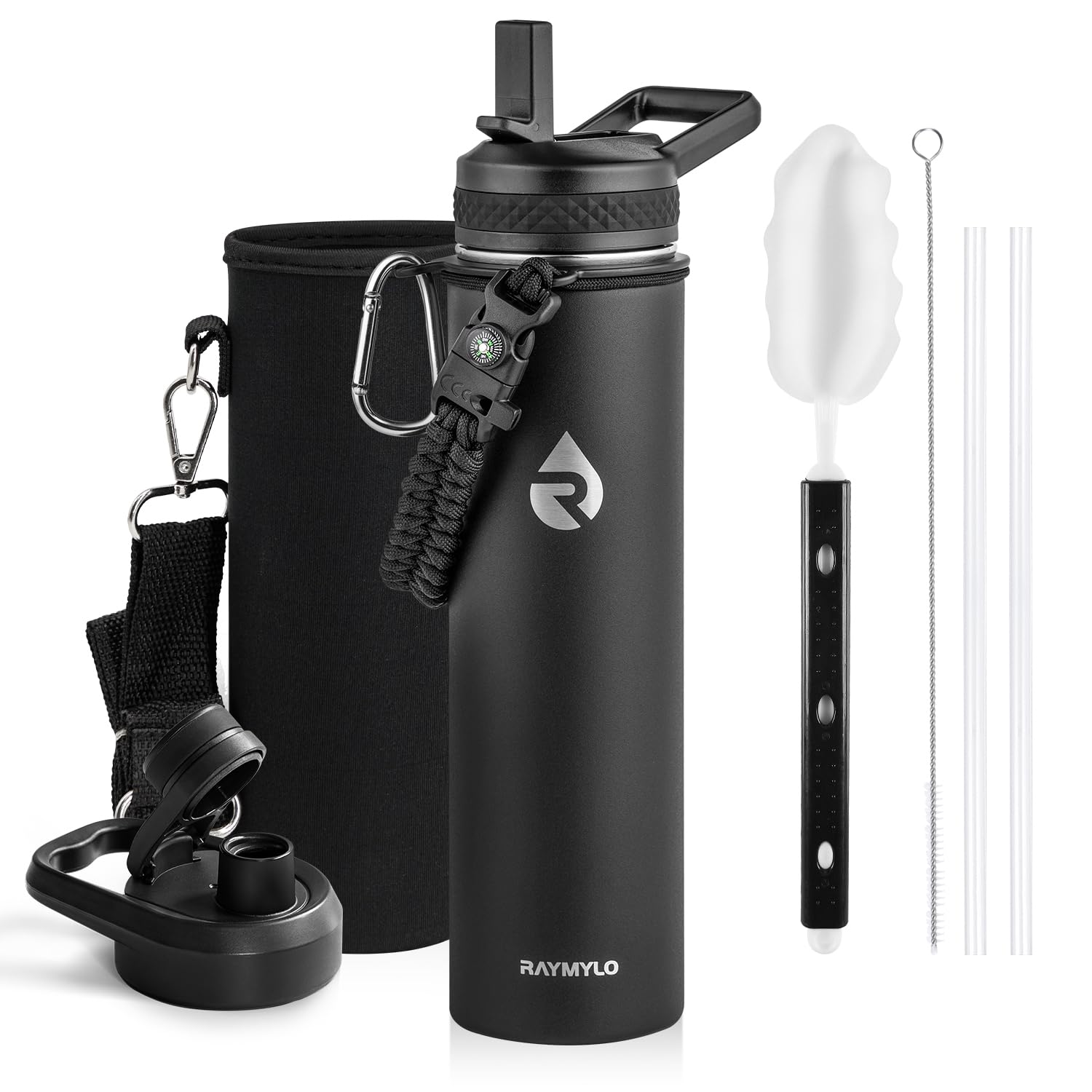 RAYMYLO Insulated Water Bottle 24oz, Triple Wall Vacuum Stainless Steel (Cold for 24Hrs, Hot for 12Hrs), Leak Proof & Non-BPA, 24oz Hydro Water Flask with Paracord Handle & Straw Spout Lids
