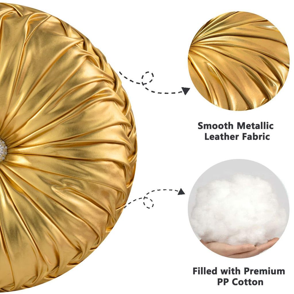 HIG Set of 2 Handcrafted Gold Ruched Round Throw Pillows – 14.5’’ Metallic Leather Decorative Pillows with Soft Polyester Filling for Couch, Bed, Living Room, Bedroom, or Dorm