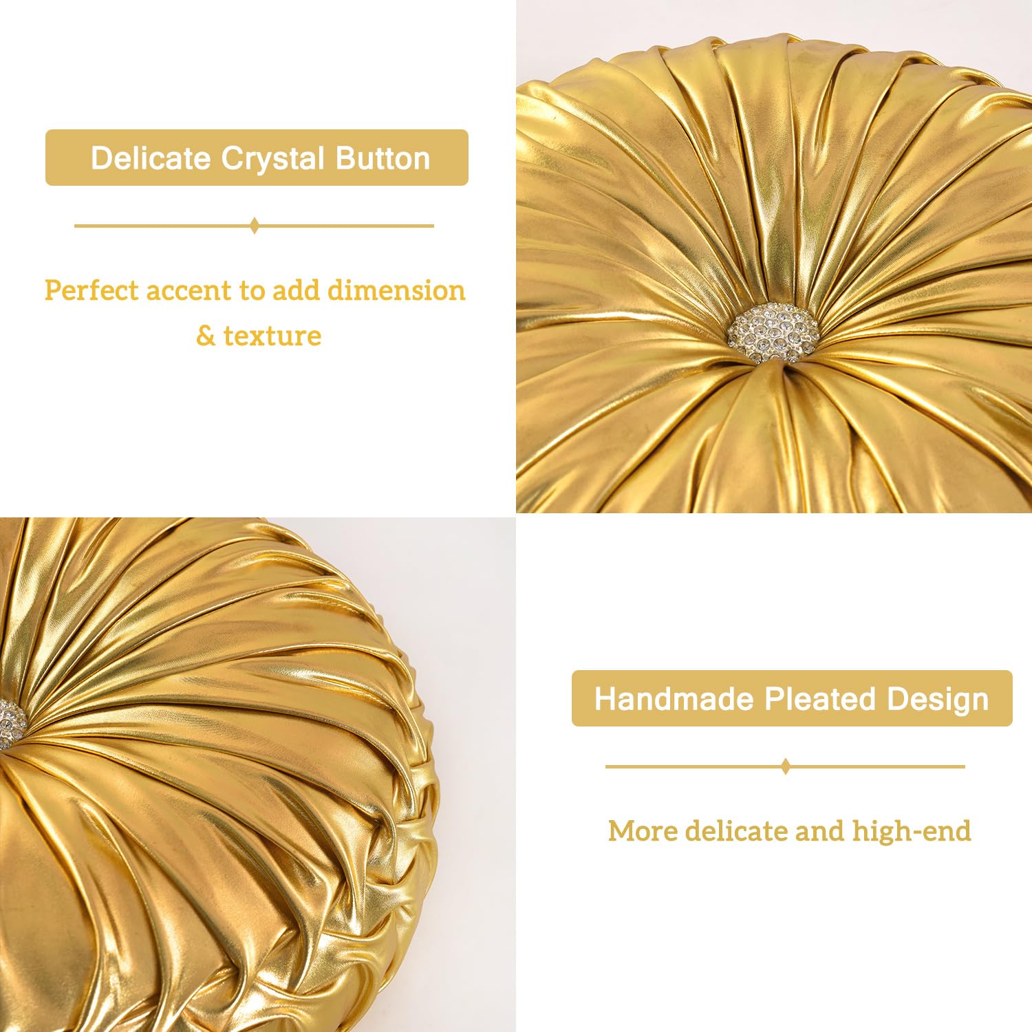 HIG Set of 2 Handcrafted Gold Ruched Round Throw Pillows – 14.5’’ Metallic Leather Decorative Pillows with Soft Polyester Filling for Couch, Bed, Living Room, Bedroom, or Dorm