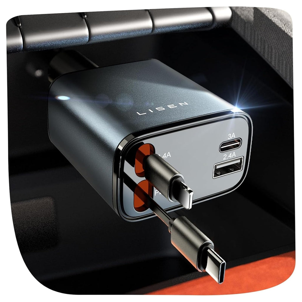 LISEN Retractable Car Charger, Gifts for Mothers Day, Upgrade 84W Car Charger USB C Fast Charge Unique 2026 Car Accessories for Mom Dad Him Her Men Women, for iPhone 17 16 15 14
