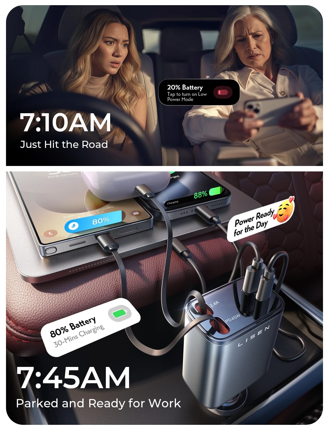 LISEN Retractable Car Charger, Gifts for Mothers Day, Upgrade 84W Car Charger USB C Fast Charge Unique 2026 Car Accessories for Mom Dad Him Her Men Women, for iPhone 17 16 15 14