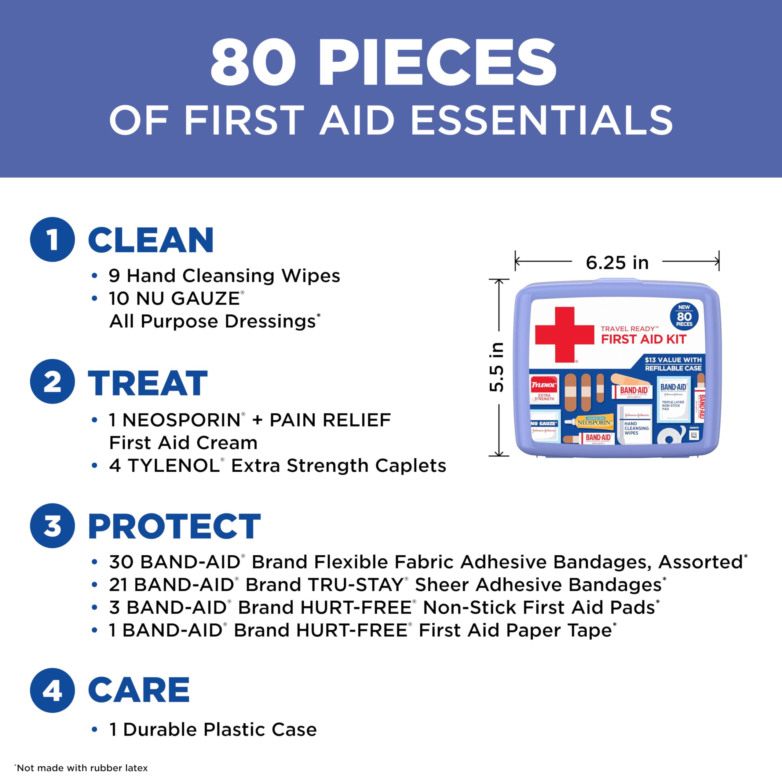 BAND-AID Brand Travel Ready Portable Emergency First Aid Kit for Minor Wound Care, Perfect for Home, Car, Travel, Camping Essentials & Outdoor Emergency Kit, 80 Pieces