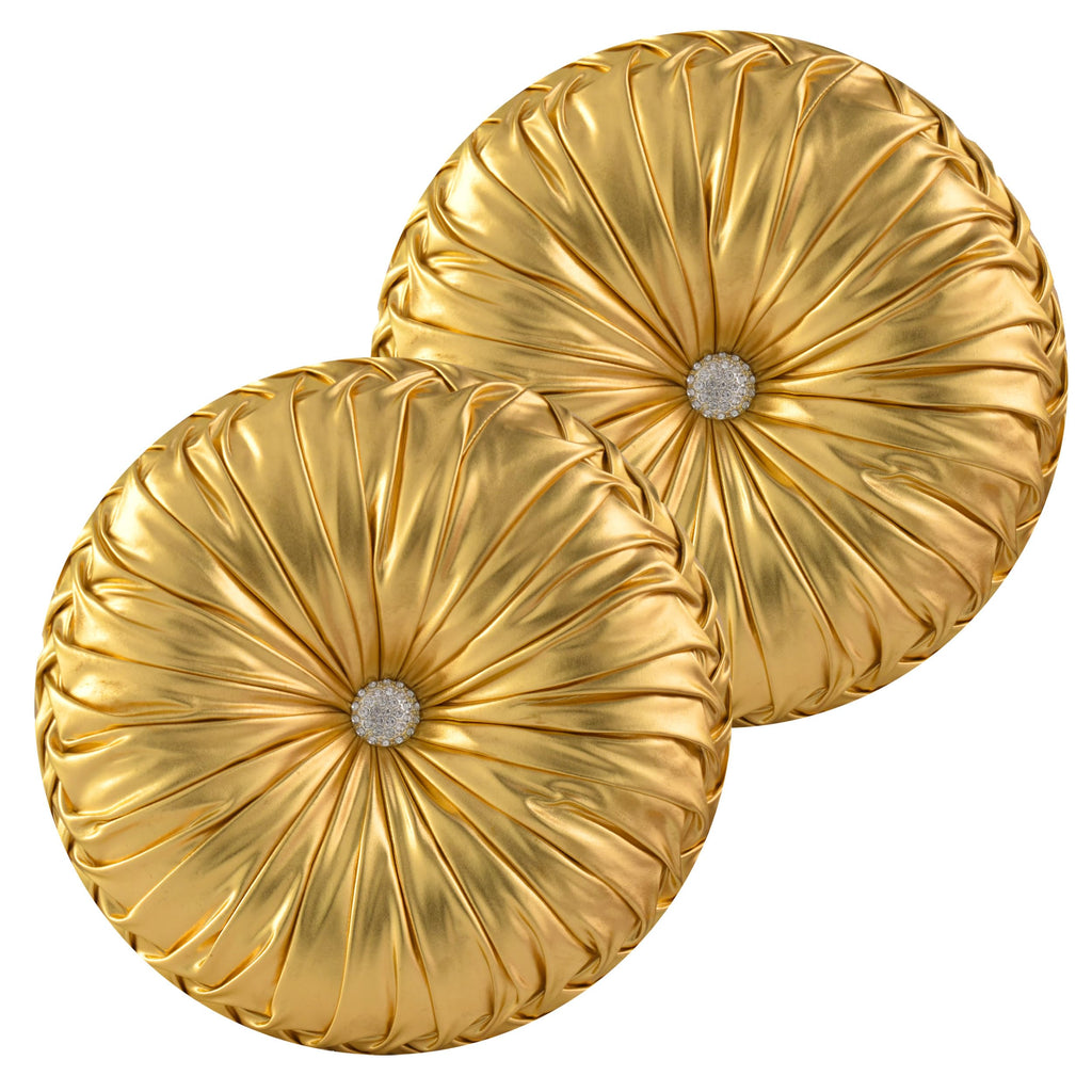 HIG Set of 2 Handcrafted Gold Ruched Round Throw Pillows – 14.5’’ Metallic Leather Decorative Pillows with Soft Polyester Filling for Couch, Bed, Living Room, Bedroom, or Dorm