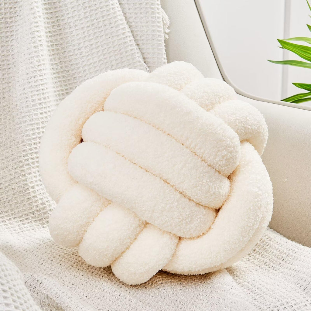 Uvvyui Knot Pillow Ball, Soft Home Decorative Round Throw Pillow, Handmade Knotted Plush Pillow, Round Boucle Pillow Cushion (8.6 Inches Ivory)