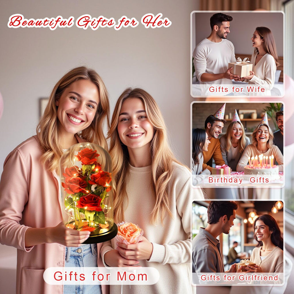 Mothers Day,Birthday Gifts for Women,Beauty and The Beast Rose,Artificial Silk Rose Preserved Forever in Glass Dome,Valentine's Day,Christmas,Anniversary,Flower Roses Gifts for Mom Wife Girlfriend