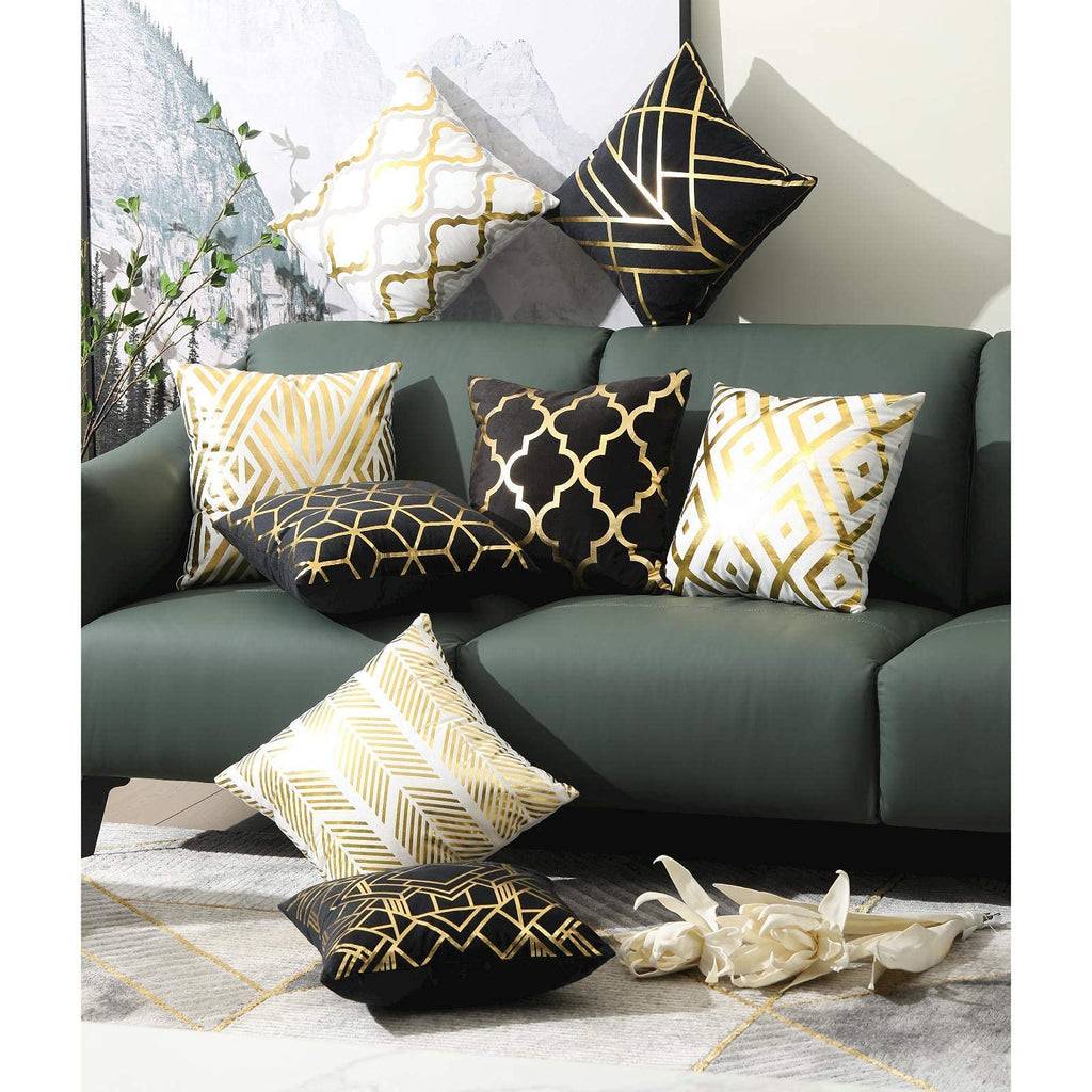 ZLINA Home Decorative Set of 4 Throw Pillow Covers Gold Foil Pillow Covers 18 ×18 Inch Geometric Square Cushion Covers Decor Couch Sofa Bedroom(Black and Gold)