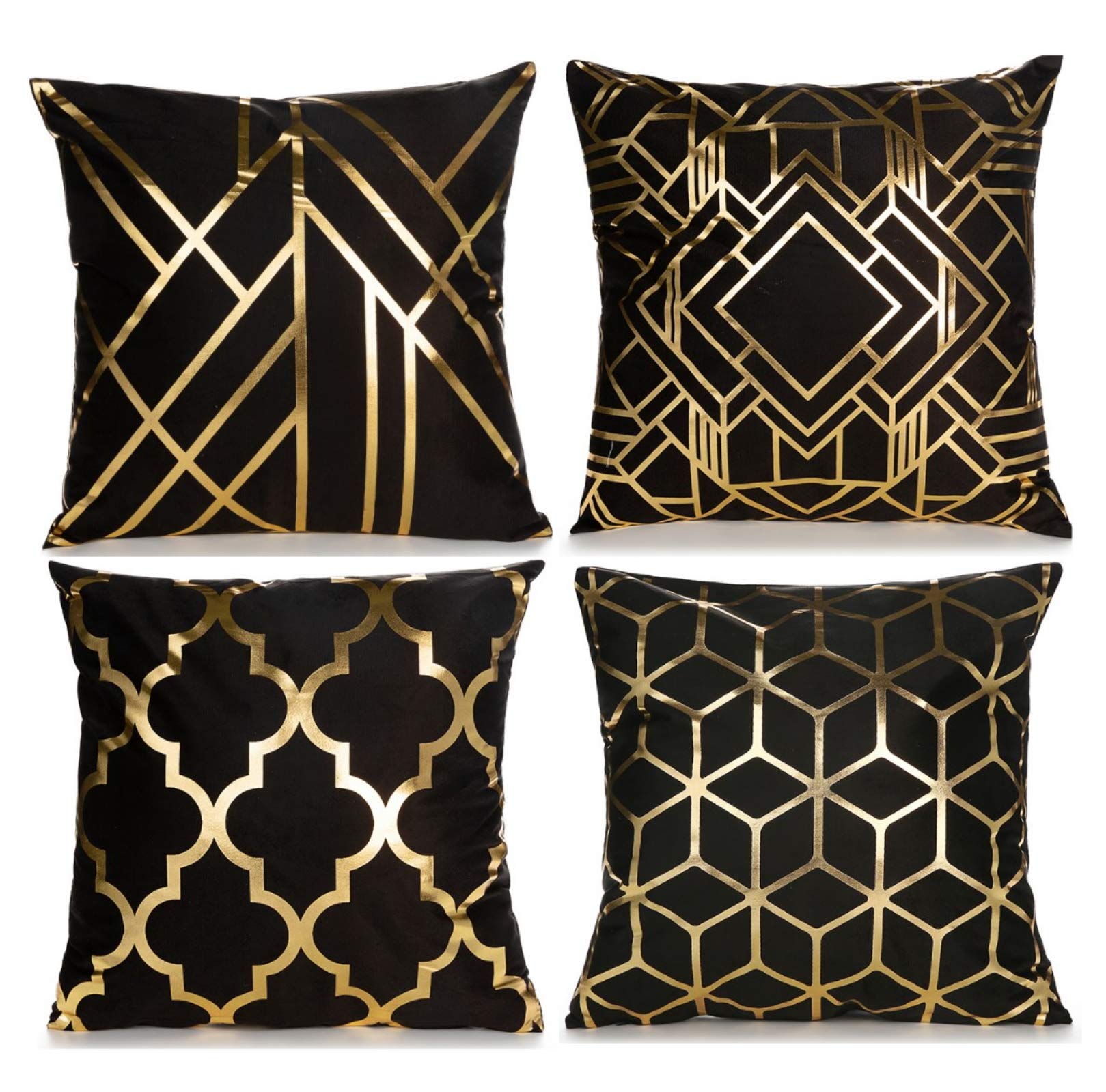 ZLINA Home Decorative Set of 4 Throw Pillow Covers Gold Foil Pillow Covers 18 ×18 Inch Geometric Square Cushion Covers Decor Couch Sofa Bedroom(Black and Gold)