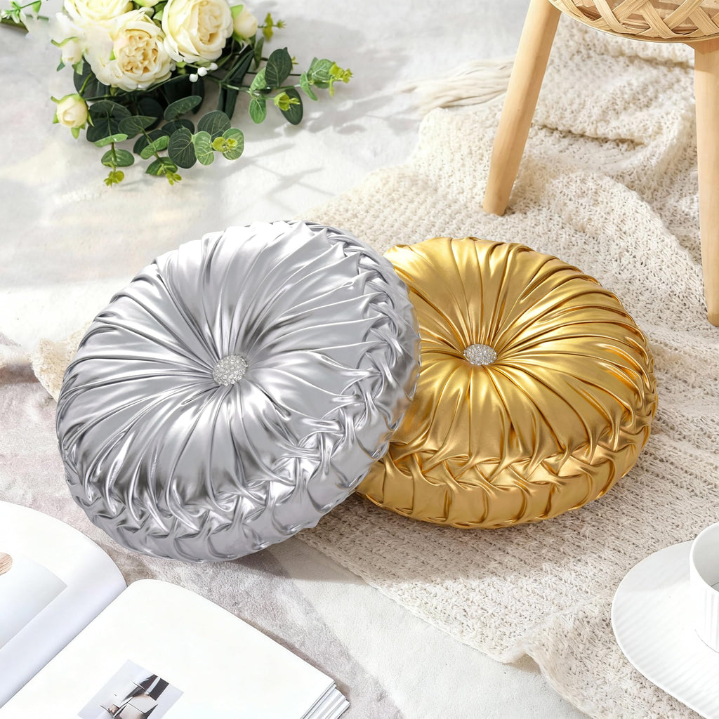 HIG Set of 2 Handcrafted Gold Ruched Round Throw Pillows – 14.5’’ Metallic Leather Decorative Pillows with Soft Polyester Filling for Couch, Bed, Living Room, Bedroom, or Dorm