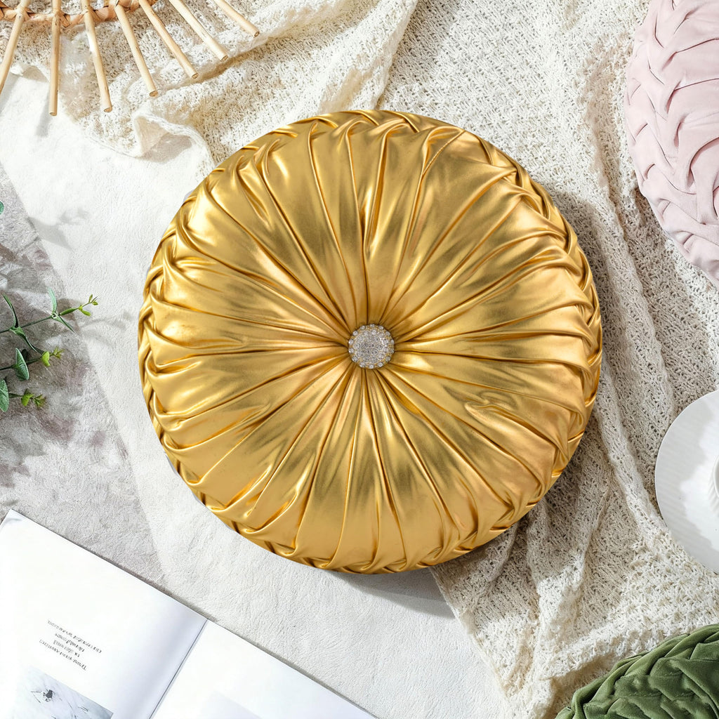 HIG Set of 2 Handcrafted Gold Ruched Round Throw Pillows – 14.5’’ Metallic Leather Decorative Pillows with Soft Polyester Filling for Couch, Bed, Living Room, Bedroom, or Dorm
